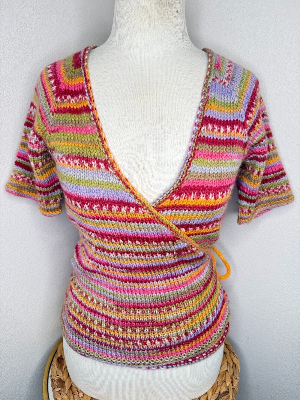 Handmade Knit Multi Color Wrap Short Sleeve Sweater Top V Neck Tie Closure